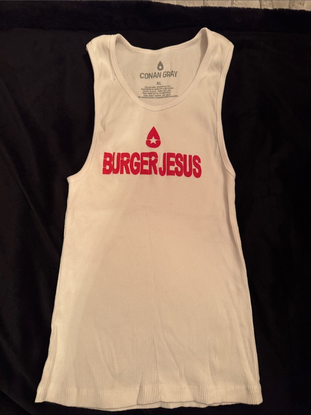 Women's White Ribbed Tank Top with Red 'BURGER JESUS' Graphic